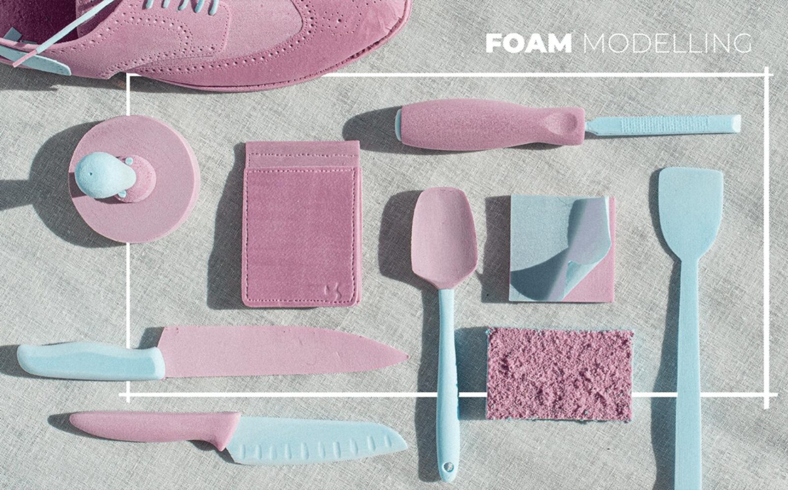 Foam modeling showcase that highlights different shapes and textures of models that are made to look like everyday objects.