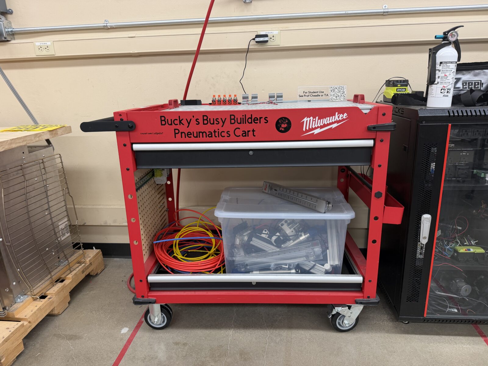 Pneumatics Cart: There is a pneumatics cart kept in 2109 next to the laser cutter that can be used to build and test various pneumatic systems. Please ask a TA for a rundown on how to use the cart before use.
