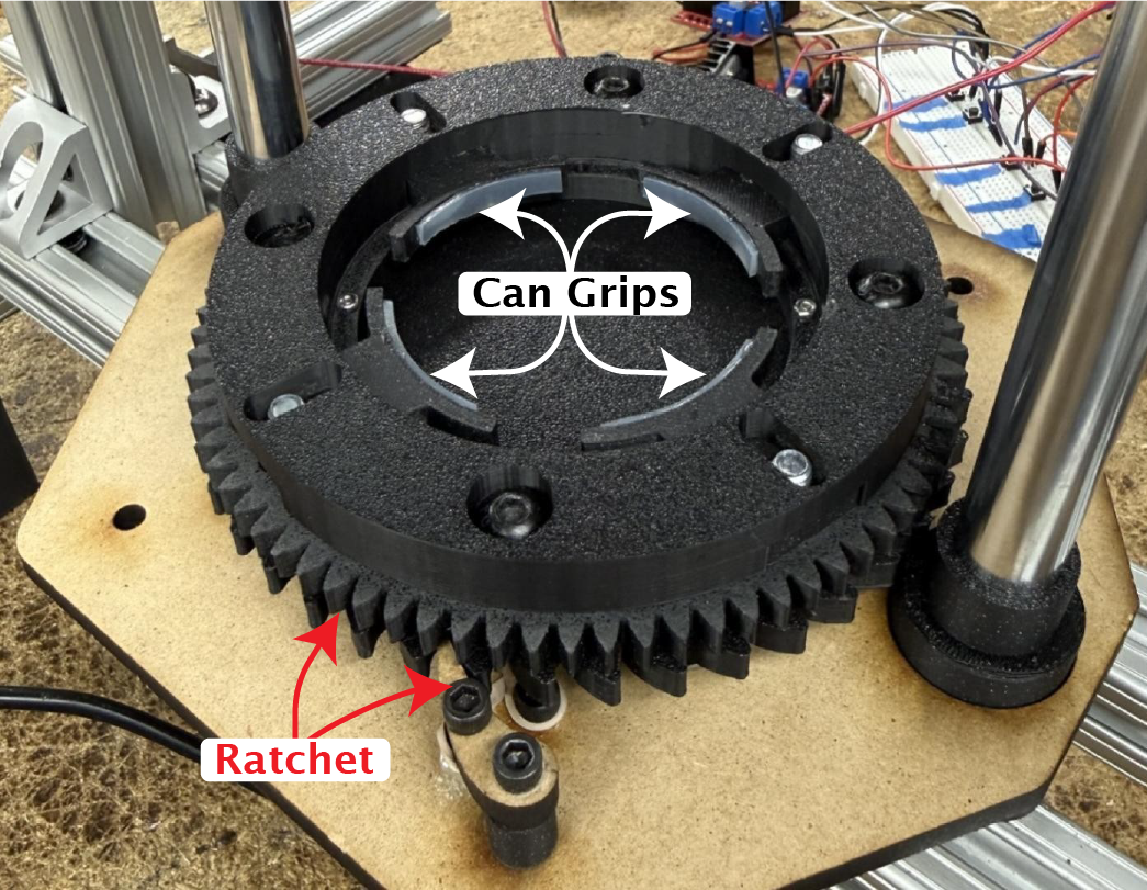 Final bottom container clamping mechanism mad from 3D-printed parts and mounted to a laser-cut base.
